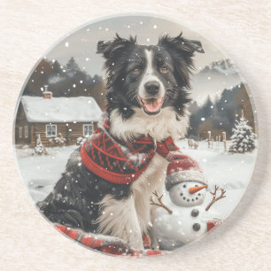 Dessous De Verre En Grès Bordure de Noël Collie Chien Snowman