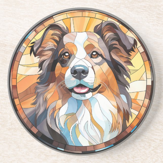 Dessous De Verre En Grès Bordure en verre doux Collie Chien (Devant)