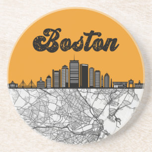 Dessous De Verre En Grès Boston Massachusetts City Skyline avec carte