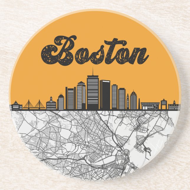 Dessous De Verre En Grès Boston Massachusetts City Skyline avec carte (Devant)