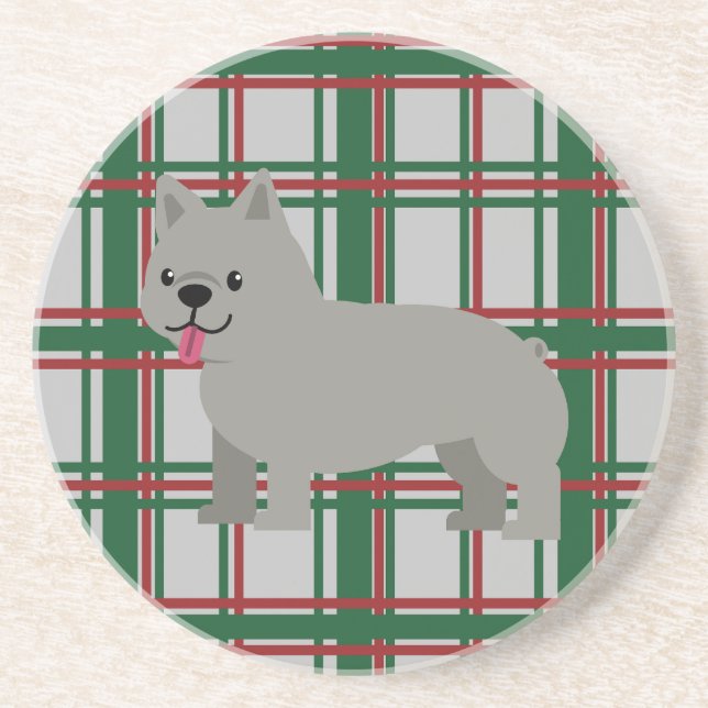 Dessous De Verre En Grès Bouledogue Français Gris, Carreaux de Noël (Devant)