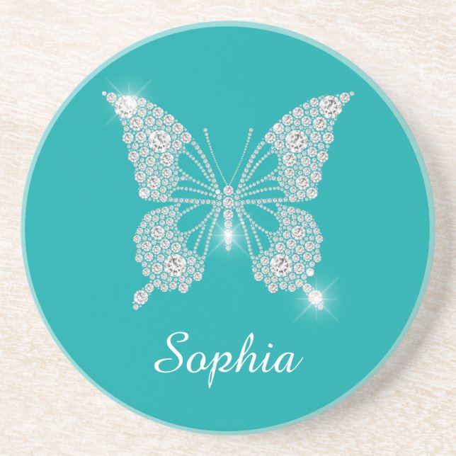 Dessous De Verre En Grès Bouton Diamant Blanc, Nom du script, Turquoise (Devant)