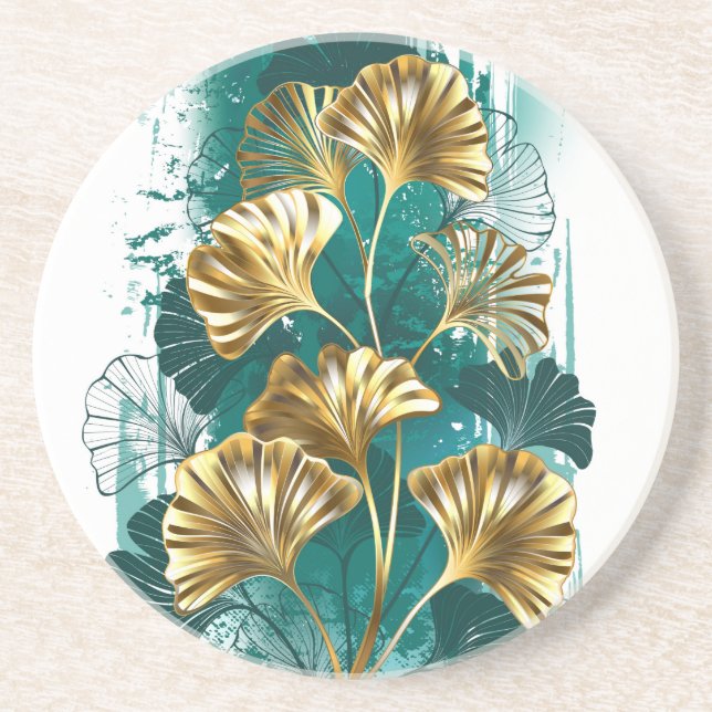 Dessous De Verre En Grès Branche avec Feuilles d'or Ginko Biloba (Devant)