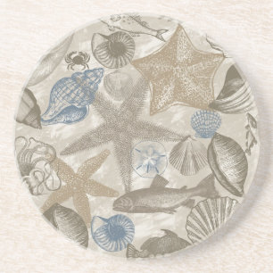 Dessous De Verre En Grès Brown Beach Blue Shells Ocean