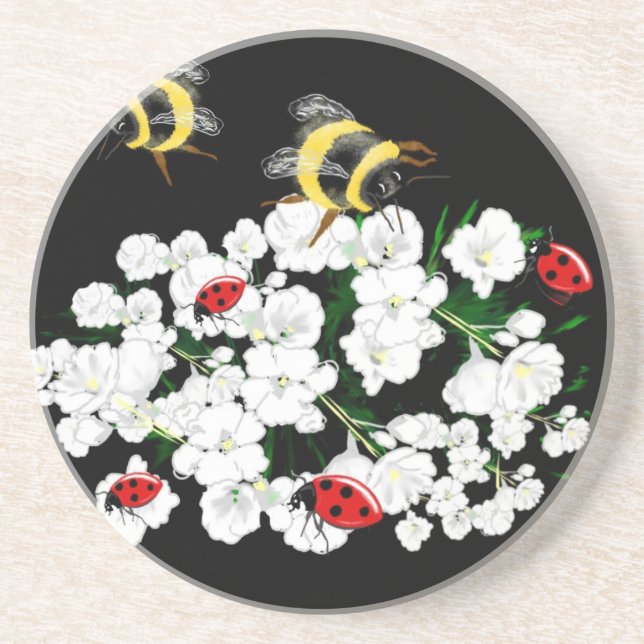 Dessous De Verre En Grès Bureaux d'abeilles dramatiques et fleurs blanches  (Devant)