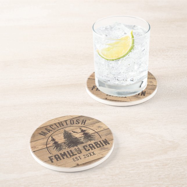Dessous De Verre En Grès Cabine Nom de famille Rustic Wood Personnalisé (Côté)