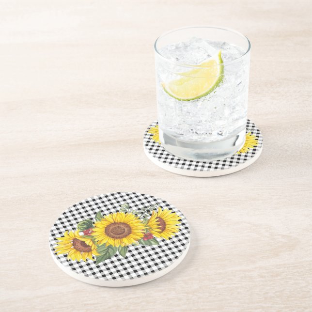 Dessous De Verre En Grès Cadeau de fête pour dames Gingham & Tournesols (Côté)