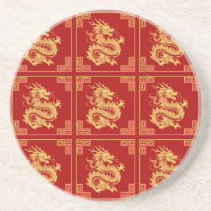 Dessous De Verre En Grès Cadres d'ornement grec Motif de dragon d'or rouge