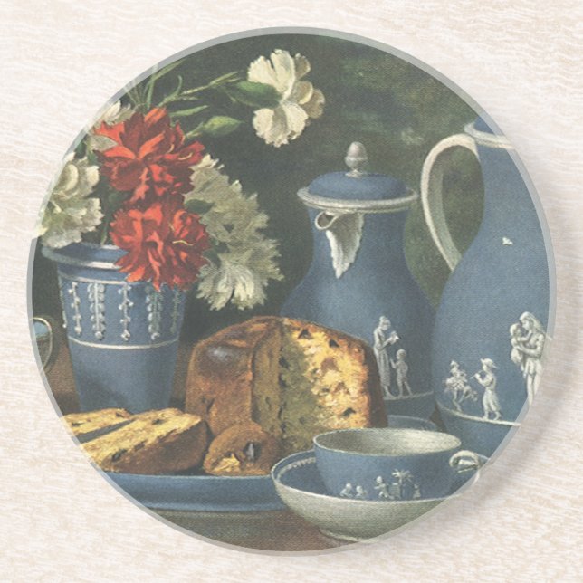 Dessous De Verre En Grès Café, gâteau, thé et fleurs vintages l'après-midi (Devant)