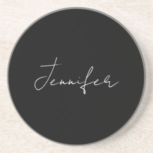 Dessous De Verre En Grès Calligraphie Elégant Noir Blanc Plaine Nom simple