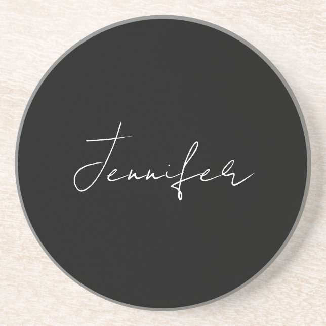 Dessous De Verre En Grès Calligraphie Elégant Noir Blanc Plaine Nom simple (Devant)