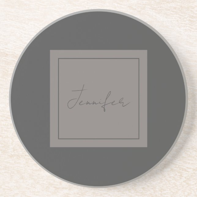 Dessous De Verre En Grès Calligraphie Élégante Plaque Simple Nom Gris (Devant)