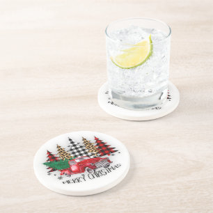 Dessous De Verre En Grès Camion et arbres de Noël joyeux