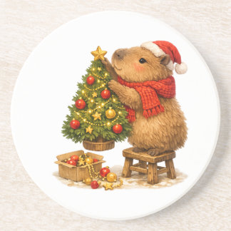 Dessous De Verre En Grès Capybara de Noël décorant l'arbre