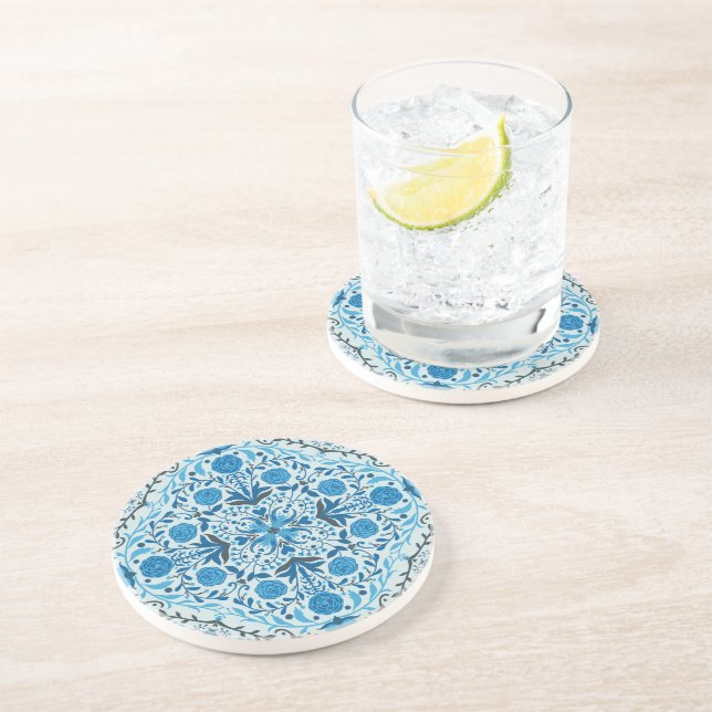 Dessous De Verre En Grès Carreaux à fleurs bleus (Côté)
