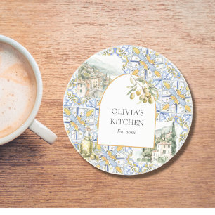 Dessous De Verre En Grès Carrelage Méditerranéen Jaune Bleu à Motif Olive