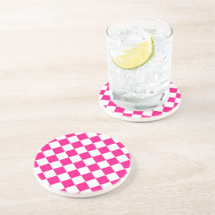 Dessous De Verre En Grès Carrés à carreaux rose vif blanc géométrique rétro