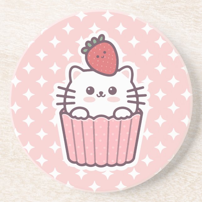 Dessous De Verre En Grès Carton de Cupcake aux fraises Cute Kawaii (Devant)