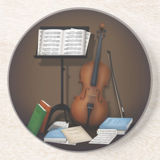Dessous De Verre En Grès Cello & Musique Stand Charme Miniature Scène (Devant)