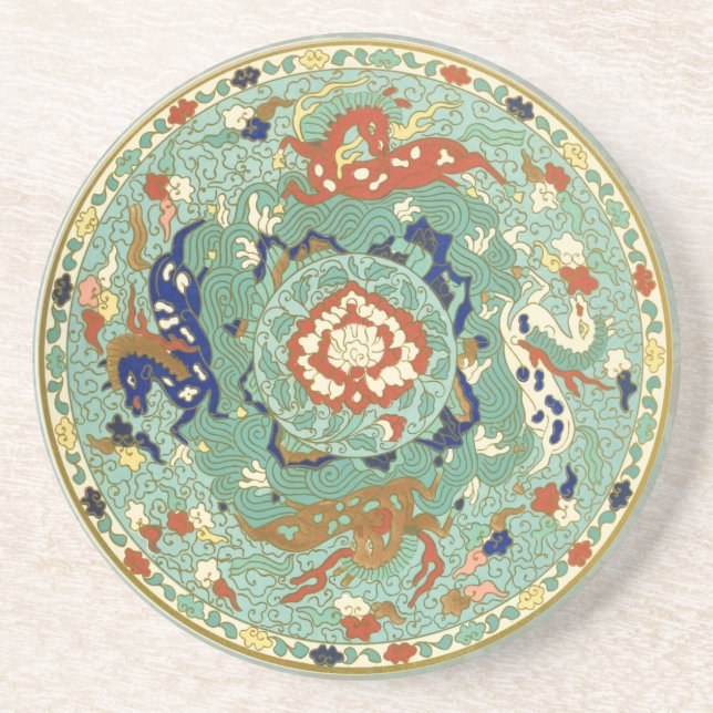 Dessous De Verre En Grès Cercle chinois antique bleu vert (Devant)