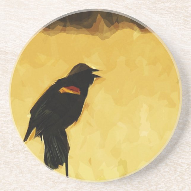 Dessous De Verre En Grès Chant Abstrait de Blackbird à ailes rouges (Devant)