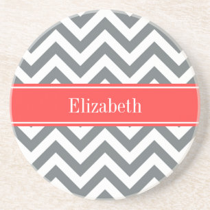 Dessous De Verre En Grès Charbon Blanc LG Chevron Corail Nom rouge Monogram