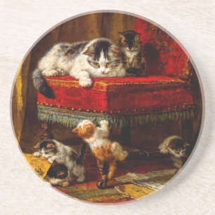 Dessous De Verre En Grès Chat et chatons Jouer avec chaise
