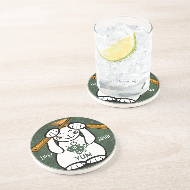 Dessous De Verre En Grès Chat Lucky Maneki Neko Sushi (Côté)