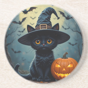 Dessous De Verre En Grès Chat noir adorable portant un chapeau de sorcière