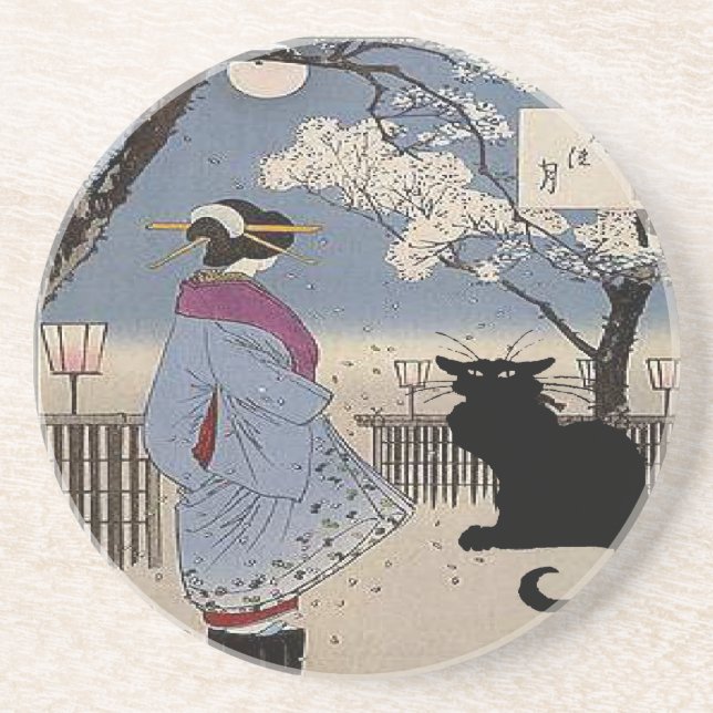 Dessous De Verre En Grès Chat Noir Avec Dame Japonaise (Devant)