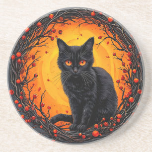 Dessous De Verre En Grès Chat noir d'Halloween aux yeux lumineux