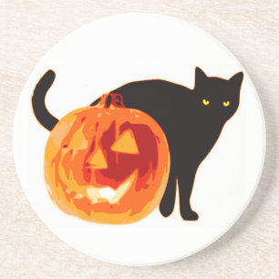 DESSOUS DE VERRE EN GRÈS CHAT NOIR HALLOWEEN ET CITROUILLE