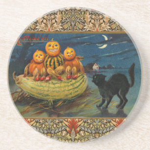 Dessous De Verre En Grès Chat noir vintage Halloween Citrouille