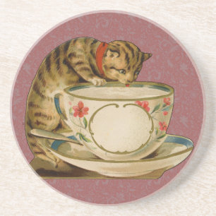 Dessous De Verre En Grès Chat Tasse à Thé Mignon Vintage Victorien Animal C