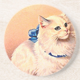 Dessous De Verre En Grès Chat vintage avec Bleu Bow