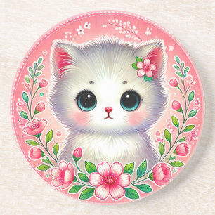 Dessous De Verre En Grès Chaton blanc adorable entouré de fleurs roses