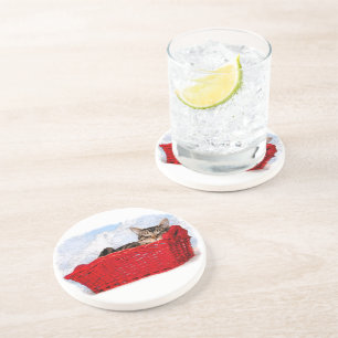 Dessous De Verre En Grès Chaton de sommeil dans le panier rouge lumineux