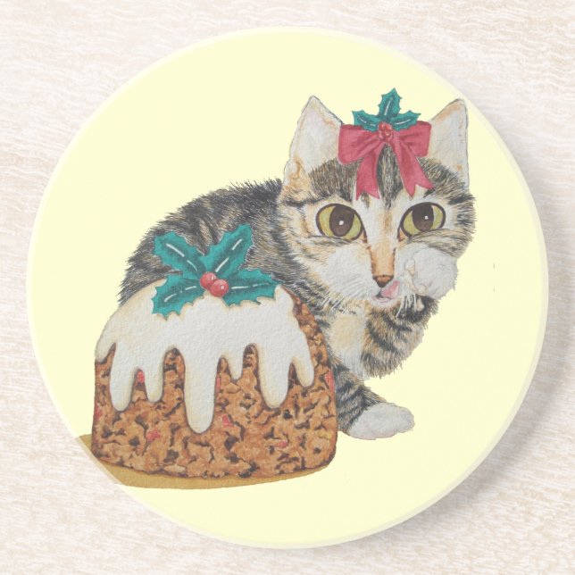 Dessous De Verre En Grès chaton tabby gris mignon habillé pour noël (Devant)
