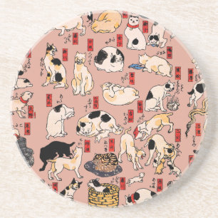 Dessous De Verre En Grès Chats japonais Woodblock ukiyo-e Kitty Vintage