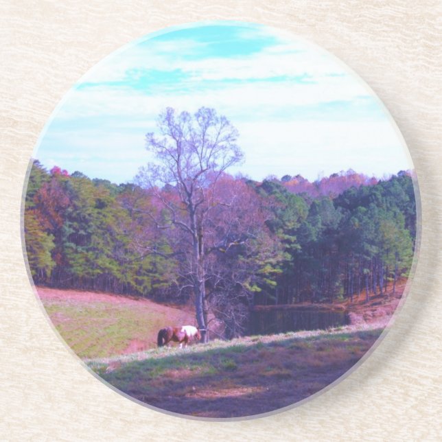 Dessous De Verre En Grès Cheval éloigné dans un champ violet (Devant)