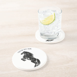 Dessous De Verre En Grès Cheval sauvage noir dressé - Dessin noir et blanc