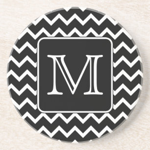 Dessous De Verre En Grès Chevron noir et blanc avec le monogramme fait sur