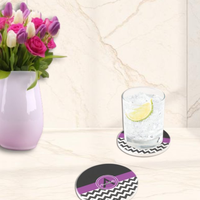 Dessous De Verre En Grès Chevron Violet Noir (Créateur téléchargé)