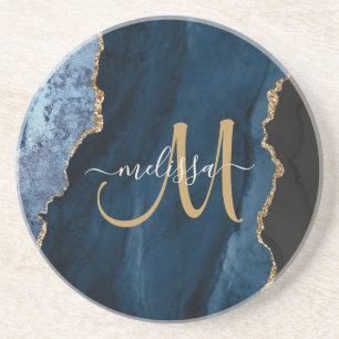 Dessous De Verre En Grès Chic Blue Gold Agate Script Monogramme personnalis