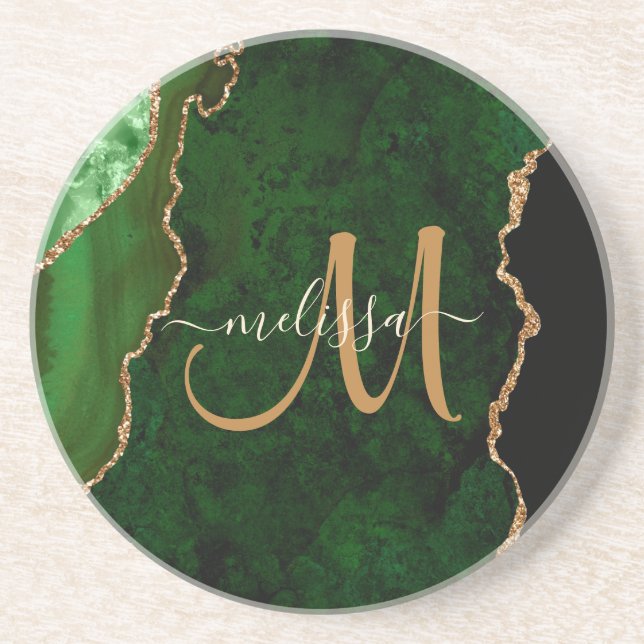 Dessous De Verre En Grès Chic Green Gold Agate Script personnalisé Monogram (Devant)