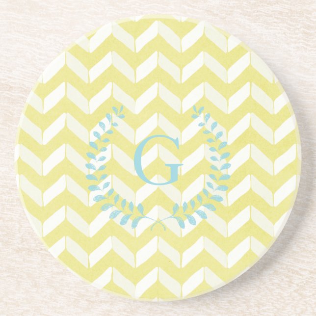 Dessous De Verre En Grès Chic Pastel Yellow Teal Chevron Custom (Devant)