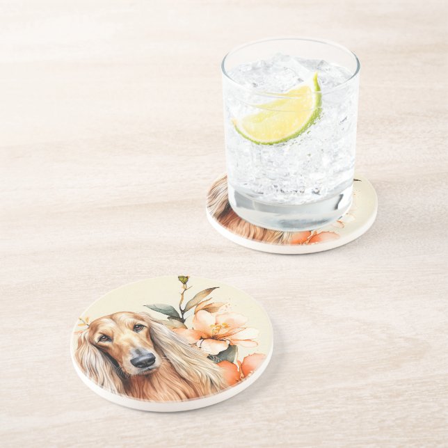 Dessous De Verre En Grès Chien Lévrier Afghan et Lys Péchés (Côté)