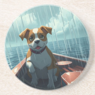 Dessous De Verre En Grès Chien sur un bateau dans l'océan sous la pluie