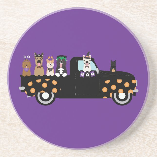 Dessous De Verre En Grès Chiens D'Halloween Dans Un Camion De Ramassage (Devant)