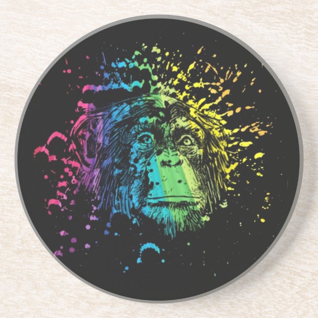 Dessous De Verre En Grès Chimpanzé arc-en-ciel sur noir (Devant)
